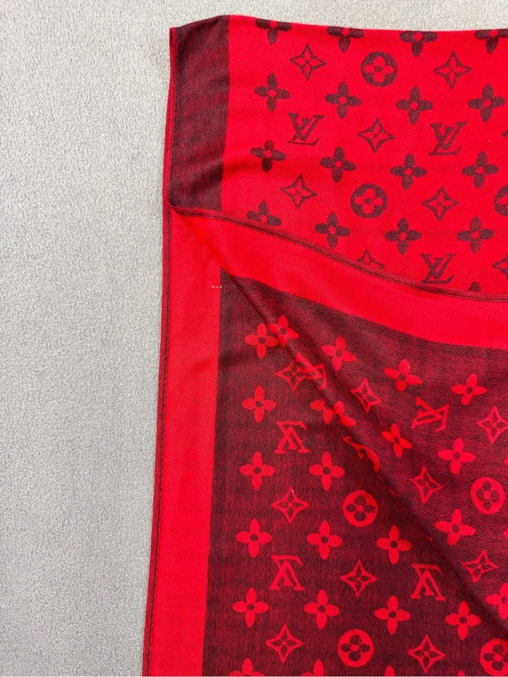 Authentic Louis Vuitton Red and Black Monogram Silk Shawl Scarf, Made in Italy